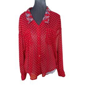 Free People Red Sheer Button-Up Blouse With Patterned Collar & Sleeves - S